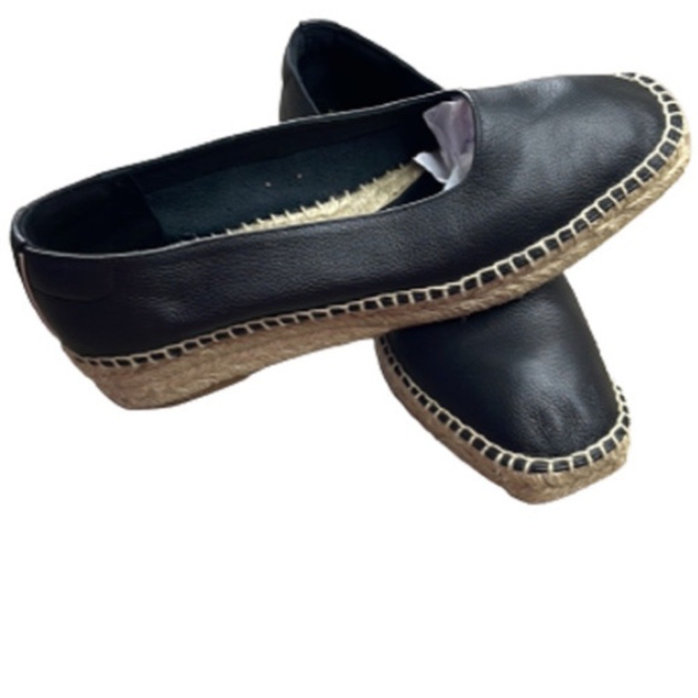 Black Leather Espadrille Platform Flats